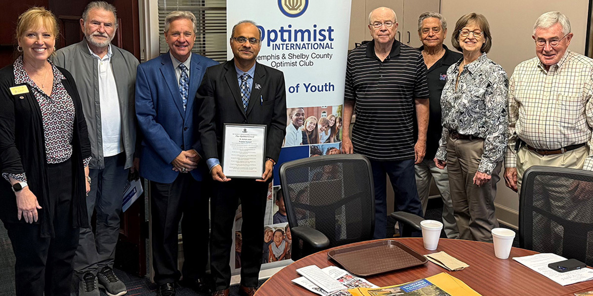 (Center) Ashish Joshi, PhD, MBBS, MPH and (Left of Dean Joshi) Steve Shular, accompanied by Optimist Club members.