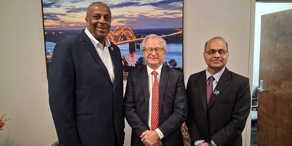 (Center) Tennessee State Representative Mark White (L) Ken Moody, Executive Director, Governmental and Community Affairs for the University of Memphis (R) Dr. Ashish Joshi, SPH Dean and a Distinguished University Professor